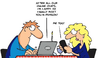 Cartoon with two people meeting in person but communicating with digital devices