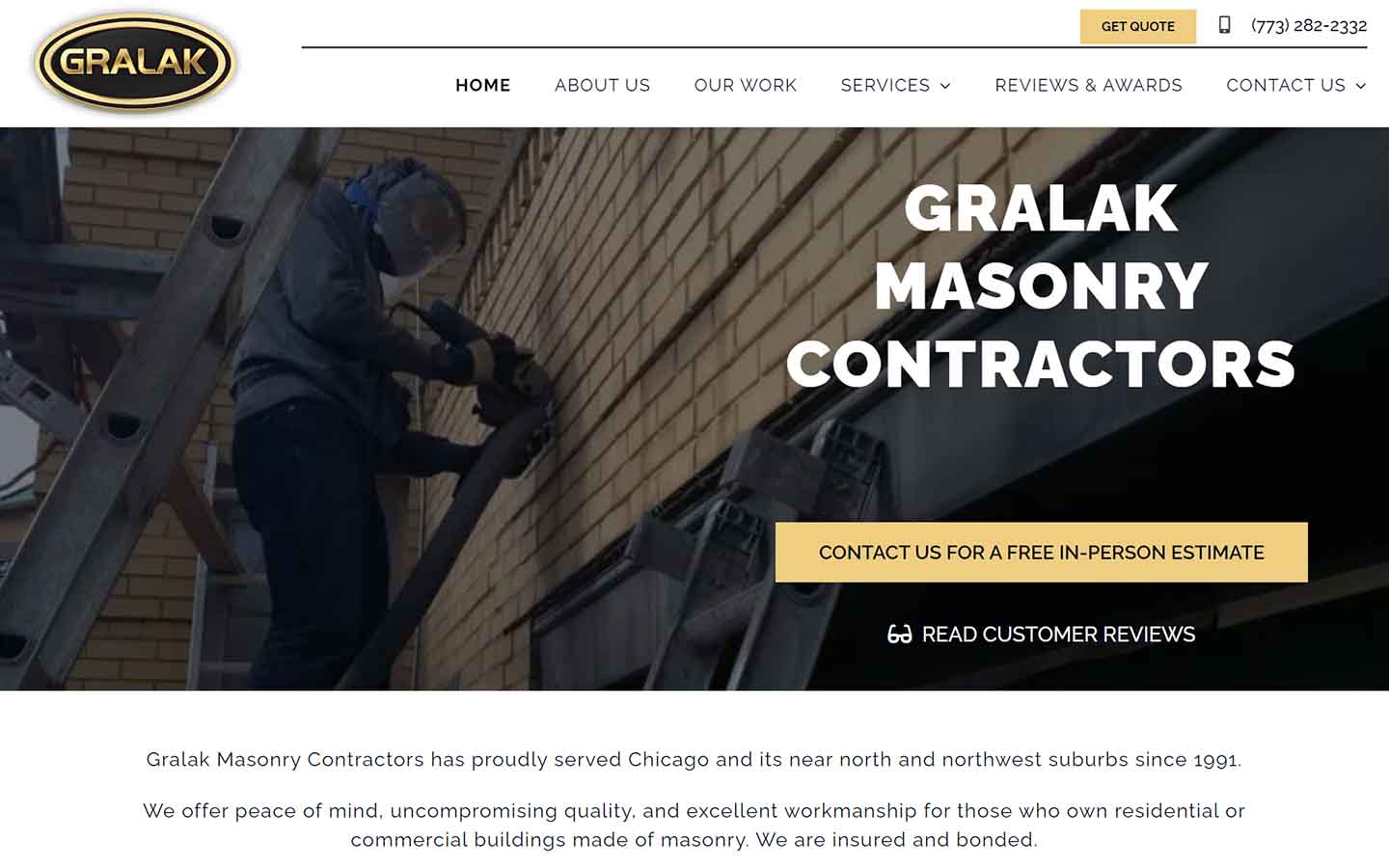 screenshot of tuckpointing contractor website home page