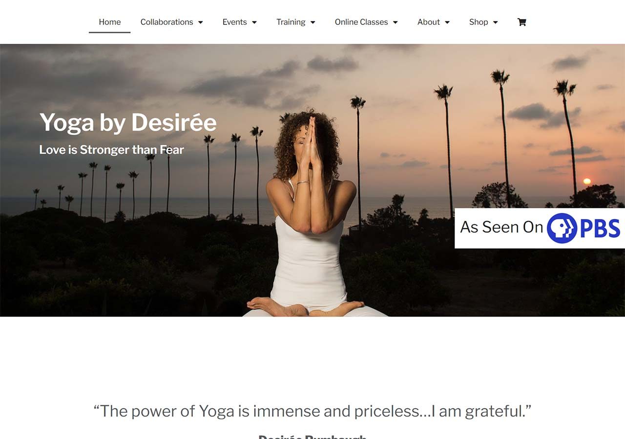home page of yoga instructor website